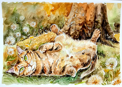 Original Ukrainian watercolor painting, Cat and Nature, Ukraine art cat flower nature paint painting pet ukraine watercolor