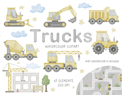 Construction Trucks watercolor set crane truck