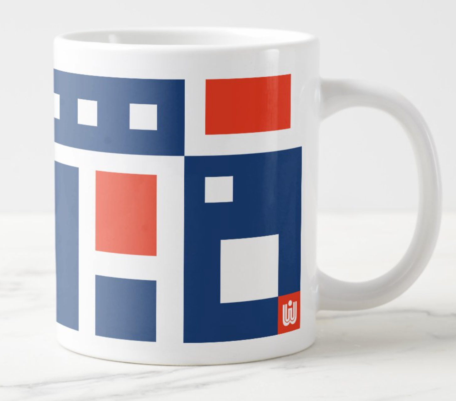 Cartoon Modern Geometric Design Mug cartoon modern coffee lovers coffee mug colorful design geometric design merch design merchandise design mug playful pattern red and blue red white blue surface design surface pattern surface pattern design waltoons