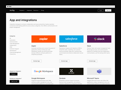 App and integrations app and integrations apps automation buttons categories cta design exploration figma filter heading nav bar navigation product design request ui ux web design