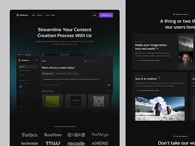 Toolbox.ai - AI Content Creator Landing Page ai design ai generated ai generation ai landing page ai website artificial intelligence chat gpt clean content creation landing page content creator dark landing page dark mode data science machine learning minimal saas saas landing page saas website ui ux design ux designs