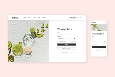 Blume Login beauty login sign in skincare ui welcome