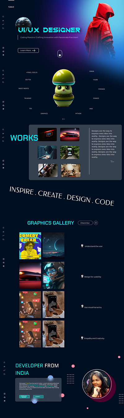 Portfolio Tanvi - showcase myself beautiful dark dark mode dark theme design elegent graphic design portfolio ui ux