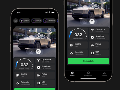 Home page → Dream Car app buy car cards design filter mobile recommendation suggestion tinder ui ux