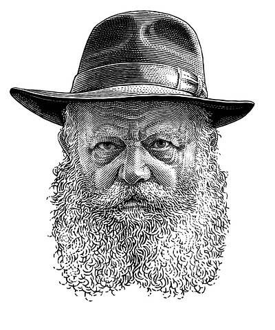 Portrait of Lubavitcher Rebbe black and white crosshatching engraved engraving etching gravure hedcut illustration pen and ink portrait woodcut