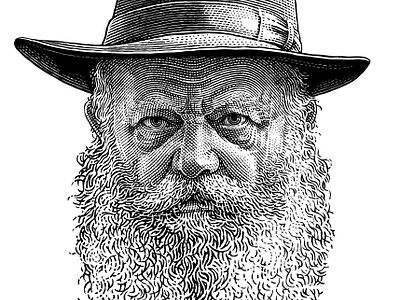 Portrait of Lubavitcher Rebbe black and white crosshatching engraved engraving etching gravure hedcut illustration pen and ink portrait woodcut