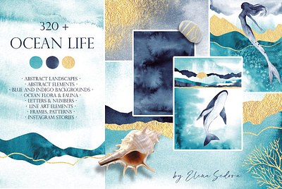 OCEAN LIFE. Landscape Creator Kit abstract abstract backgrounds blue watercolor branding gold elements gold frame gold texture hand painted texture illustration indigo watercolor neutral background neutral watercolor poster texture watercolor watercolor background wedding wedding invitation