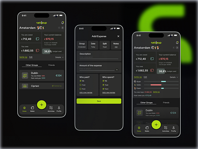 SettleUp: Simplifying Shared Expenses with Design app darkmode expanses neon settleup split splitwise ui ux