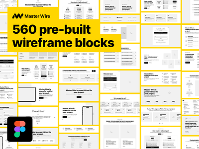 560 pre-built wireframe blocks - Master Wire app card daily download figma frame home kit layout modern page prototype redesign startup style template ui ux web wireframe