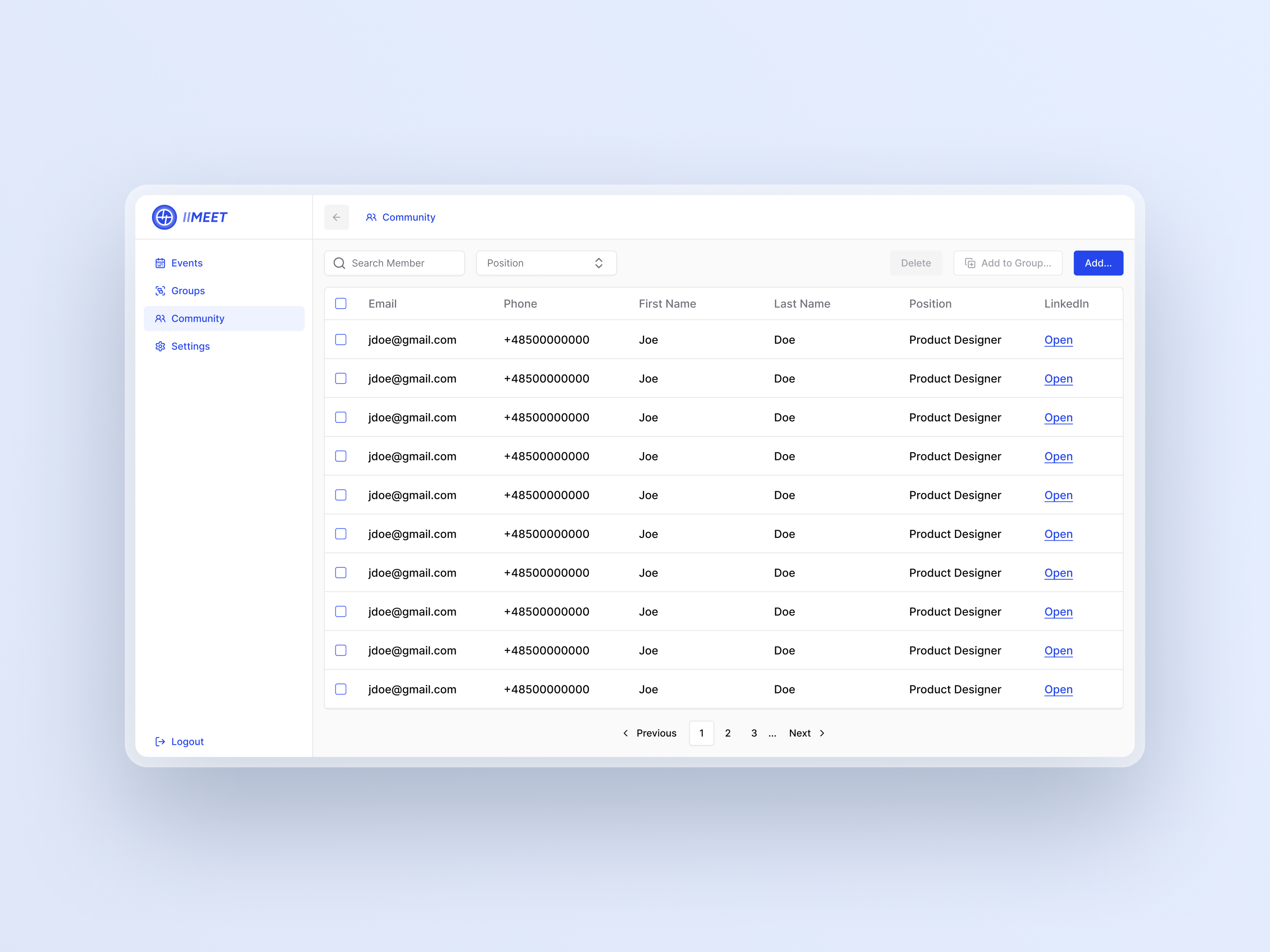 11Meet Admin Panel - Add community member, member details admin community data database event list making match matchmaking meeting member panel platform saas schedule shadcn sidebar table upload video