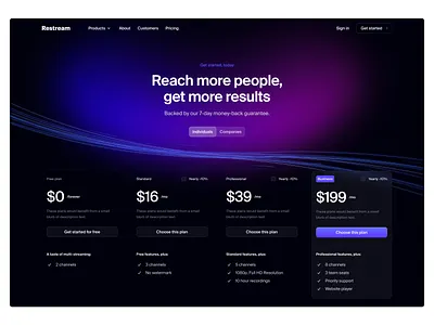 Restream pricing branding design icons illustration interface landing page landing page design marketing site ui user experience user interface ux website design
