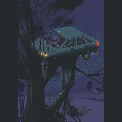car on a tree drawing illustration