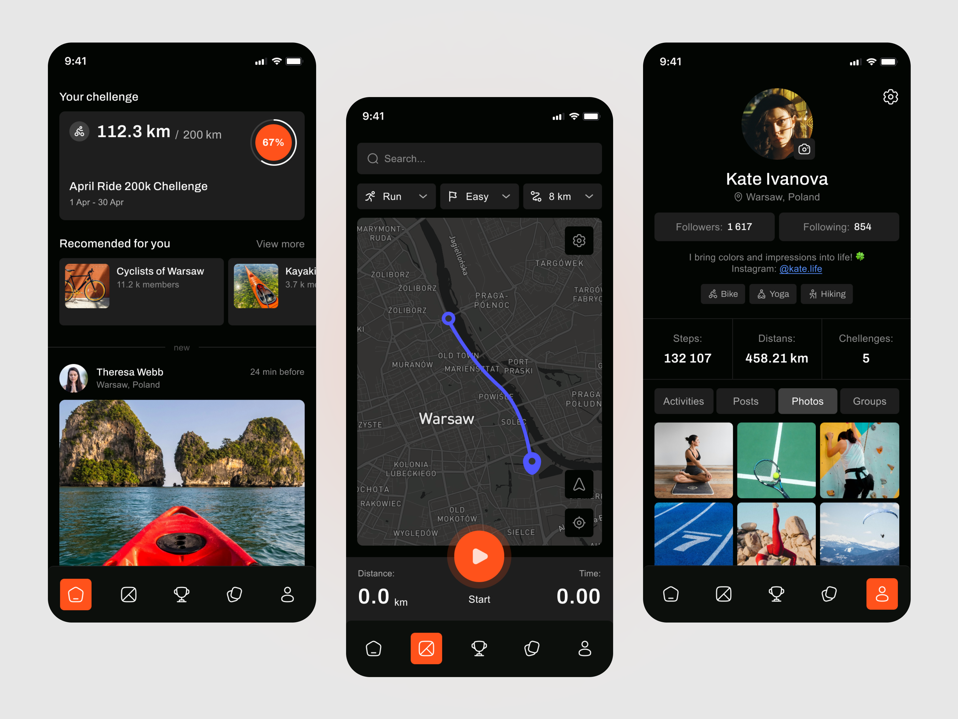 Sport mobile app clean dark theme figma fitness fitness app gym health minimal mobile mobile app mobile design profile social media sport sport app tracker training ui ui design ux