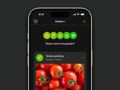 Garden+ : Dark mode activity app cards design garden gardening header icons illustration ios iphone mobile permaculture photos planting post screen scrollview sowing view
