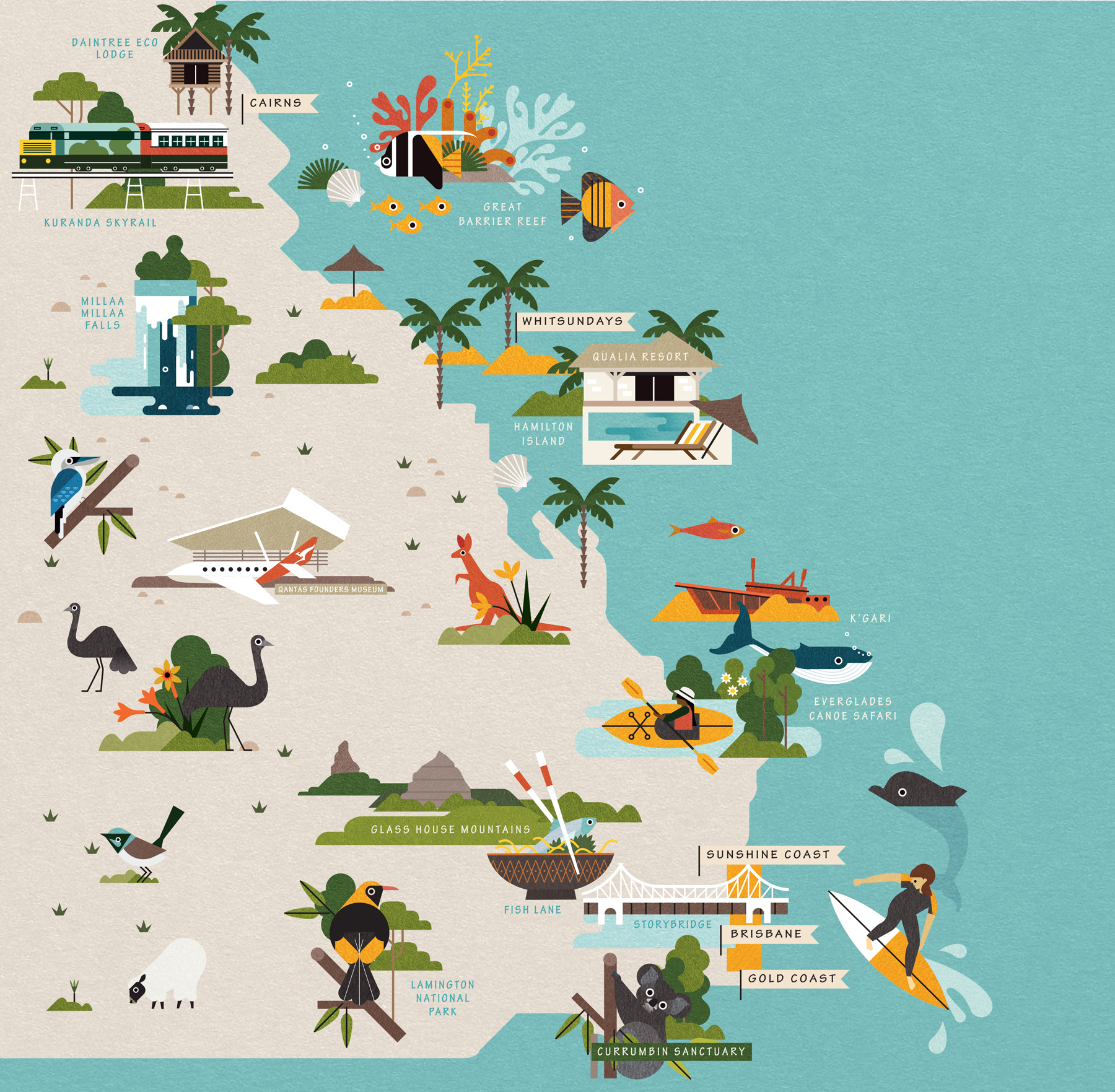 Queensland 2d digital editorial flat folioart holiday icons illustration map sally caulwell tourism travel vector wildlife