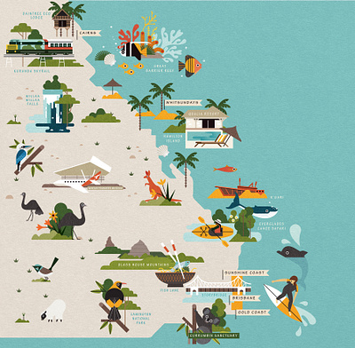 Queensland 2d digital editorial flat folioart holiday icons illustration map sally caulwell tourism travel vector wildlife