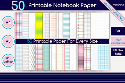 50 Elegant Printable Notebook Paper bundle pages design digital paper graphic design nootbook notebook paper paper papersheet printable paper printable paper for notes template