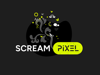 Scream Pixel Agency - Close up logo view agency black blur brand branding cyberpunk dark design glassmorphism house identification it logo noise services software transparent yellow