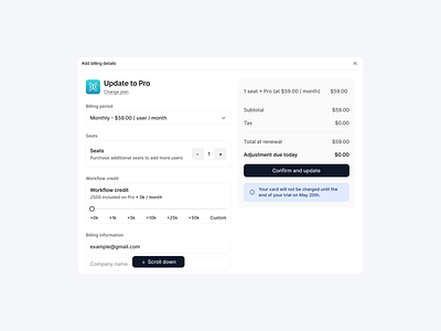 Billing Details | Light ☀️ add billing details attio billing billing details billing details page billing form billing info billing information billing invoice billing period billing widget checkout checkout form crm design projects payment details payment method payment screen sergushkin ux