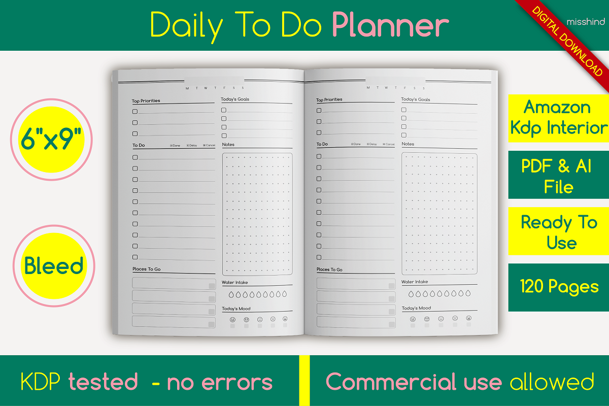 Daily to Do Planner • KDP Interior amazon kdp bleed bundle pages daily to do planner kdp design digital paper kdp kdp interior notebook