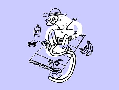 Sunbathing monkey ☀️🐒⛱️ beach design doodle funny illo illustration lol monkey sketch sun sunbathing tanning