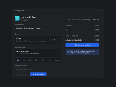 Billing Details | Dark 🌜 aterial ui attio billing billing design billing details billing page billing system dark dark mode dark theme design billing pages interaction design payment payment card details payment details form preferences profile preferences sergushkin tailwind tailwind css