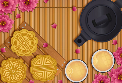 Chinese Aesthetic Background aesthetics bamboo mat ceramic teapot chinese cultural background illustration flowers graphic design illustration minimal design mooncakes portfolio tea ui