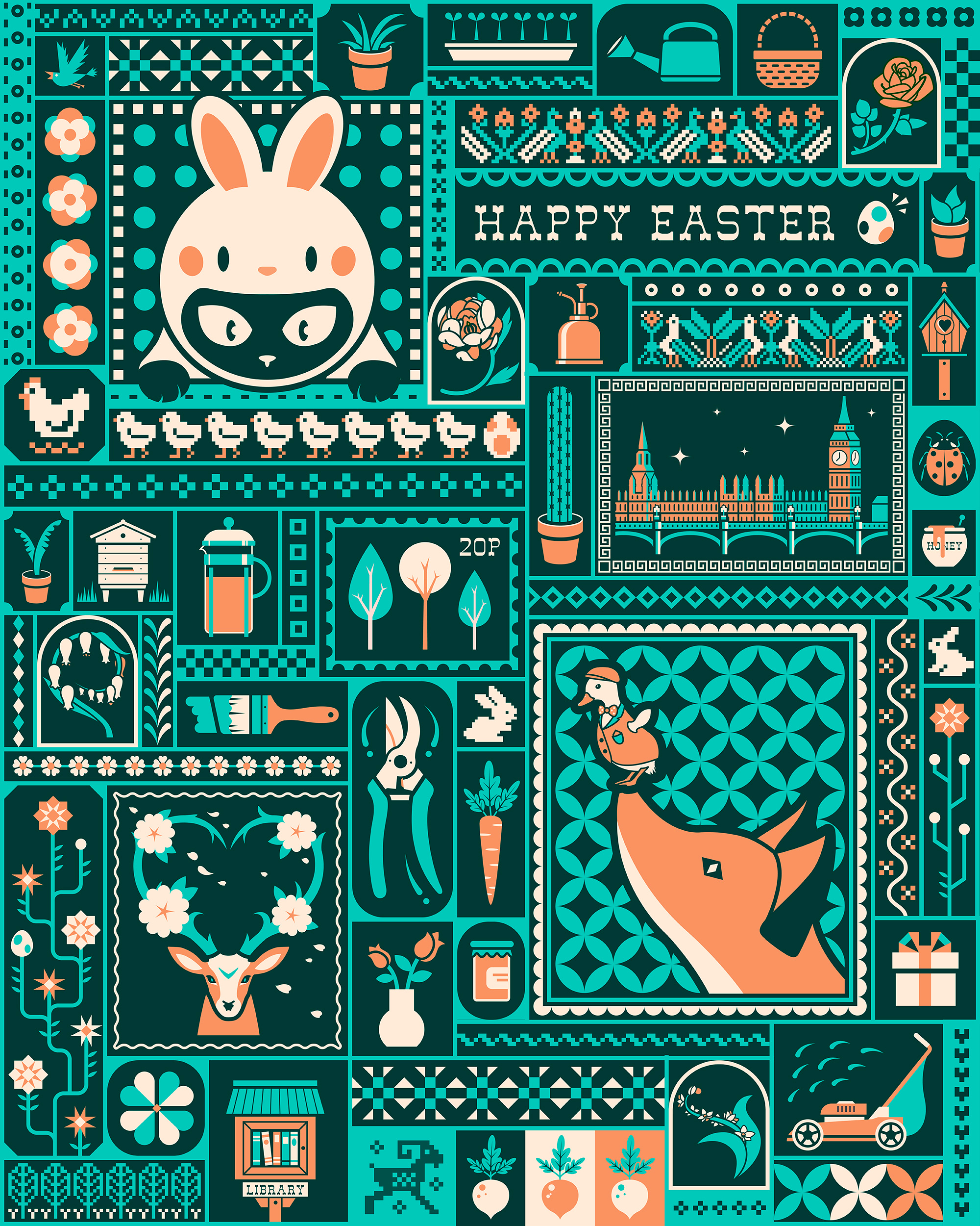 Happy Easter: Easter Egg Hunt Illustration animals art color colour cute drawing easter easter egg hunt flat design folk art fox game design gaming gardening illustration maximalism nature pattern spring vector