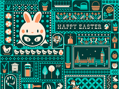 Happy Easter: Easter Egg Hunt Illustration animals art color colour cute drawing easter easter egg hunt flat design folk art fox game design gaming gardening illustration maximalism nature pattern spring vector