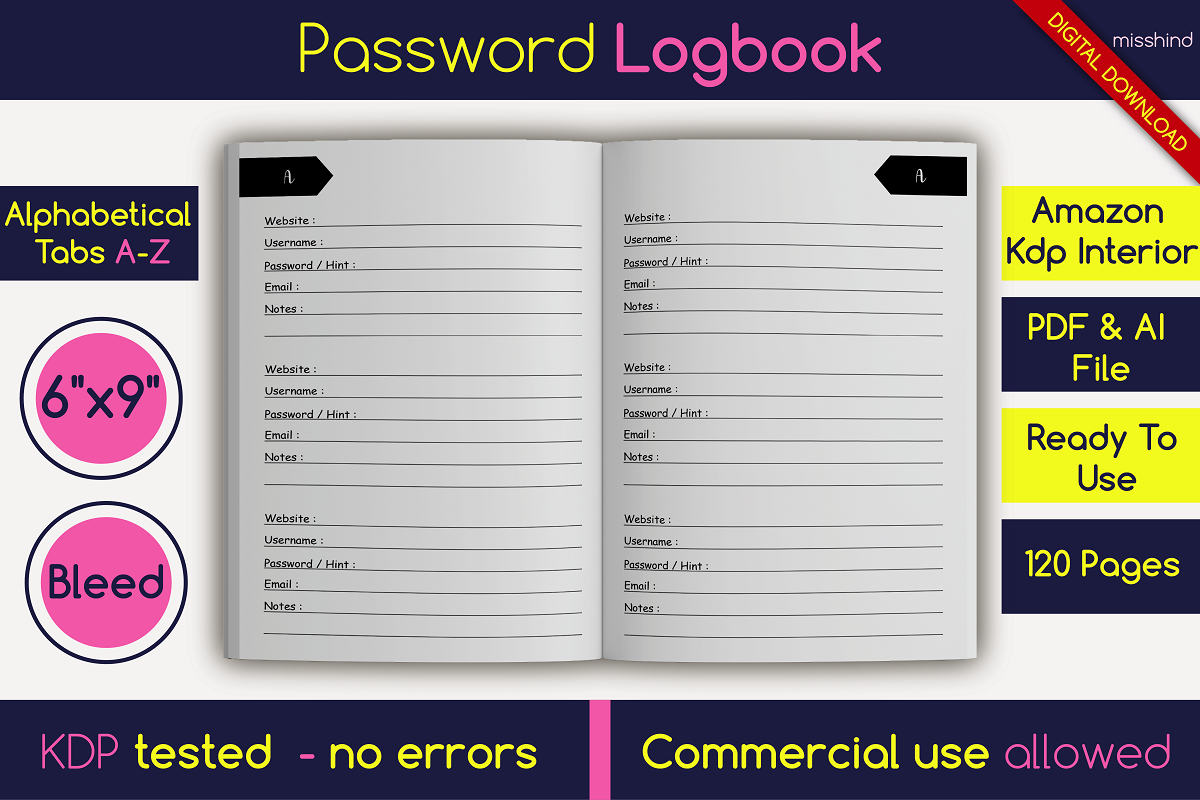Password Logbook Keeper • KDP 6x9 interior graphic design kdp kdp interior logbook kdp notebook paper paper password keeper password keeper kdp password log password organizer