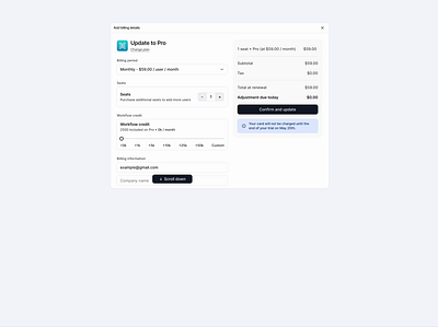 Billing Details ✨ add billing details billing billing details page billing information billing period card number change plan checkout billing information company name ein number invoice template payment details payment details designs payment information payment method payment method ux payment ui projects seats sergushkin workflow credit