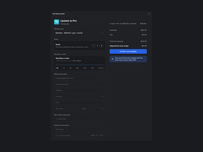 Billing and payments account billing attio billing billing details change theme crm dark mode crm design crm system customer relationship management dark mode dark theme hubspot payment details ui payment information scroll sergushkin ux zoho