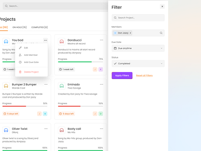 Project management dashboard for music business dashboarddesign design figma product design ui ux