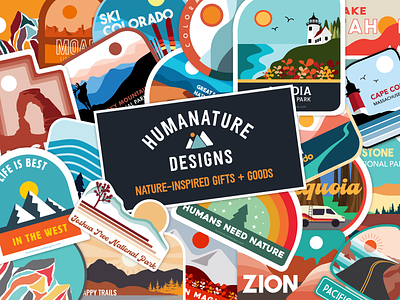 Human Nature Designs - Nature-Inspired Gifts + Goods, Made in CO adventure brand adventure illustrations adventure logo brand identity mountain brand mountain logo national park logo national parks nature brand nature illustration nature logo nature sticker nature stickers outdoor outdoor brand outdoor design outdoor illustration outdoor logo outdoor sticker sticker design