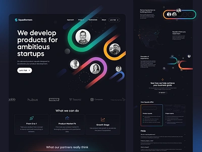 Squadformers Website Refresh dark mode glow gradient hero section illustration redesign refresh team section web design website
