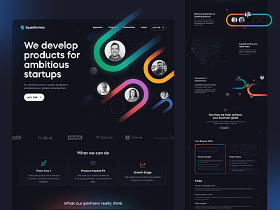 Squadformers Website Refresh dark mode glow gradient hero section illustration redesign refresh team section web design website