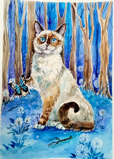 Original Ukrainian watercolor painting, Cat and Nature, Ukraine animal art hand painted handmade nature paint painting ukraine
