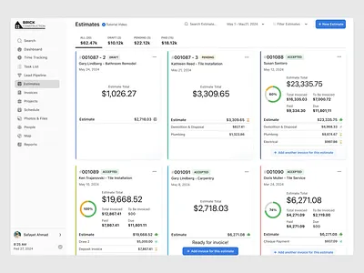 Estimates - Construction management SaaS web app b2b saas web app construction management web app data heavy design due payment estimates estimates overview grid view halal lab high level information invoices new invoice payment status ux web app design