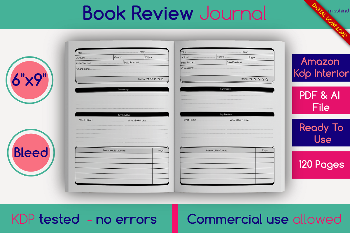 Book Review Journal • KDP Interior book review bundle pages design digital paper graphic design interior designs kdp kdp kdp interior kdp interior template low content design notebook paper