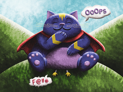 Wuxia hero cat - character design art cat character colorful cute design funny giant happy hero illustration illustrator oops purple superpower texture wuxia