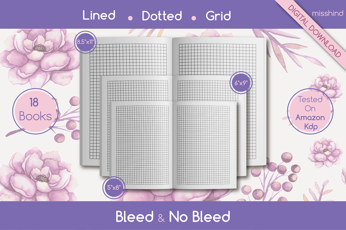18 Books: Lined,Grid,Dotted bundle pages design digital paper dotted book graphic design grid book kdp kdp interior lined book notebook paper printable paper printable template