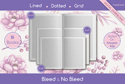18 Books: Lined,Grid,Dotted bundle pages design digital paper dotted book graphic design grid book kdp kdp interior lined book notebook paper printable paper printable template