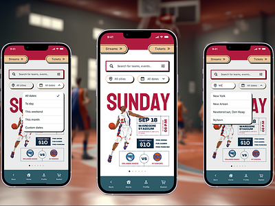 Mobile App for Basketball Fans 2024 basketball colourful home page ios main page main screen mobile mobile app mobile design product page red mobile research search sport sport2024 streaming tickets toolbars ux ui design