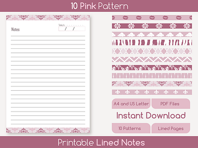 10 Pink Patterns Note Pages bundle pages creative writing digital paper diy projects journaling note taking notebook paper organization aid pattern paper planner printable resources productivity tools stationery study aid