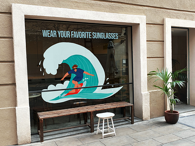 Surfer Boy Illustration On Shop Vitrine graphic design illustration