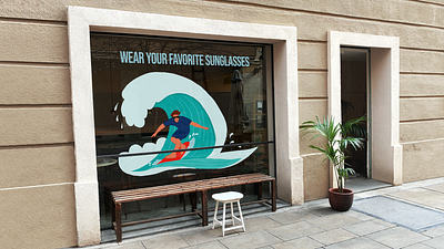 Surfer Boy Illustration On Shop Vitrine graphic design illustration