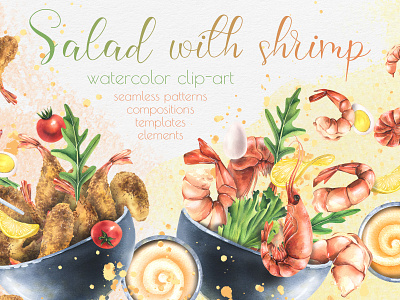 Shrimp with vegetables and dishes watercolor clipart dishes