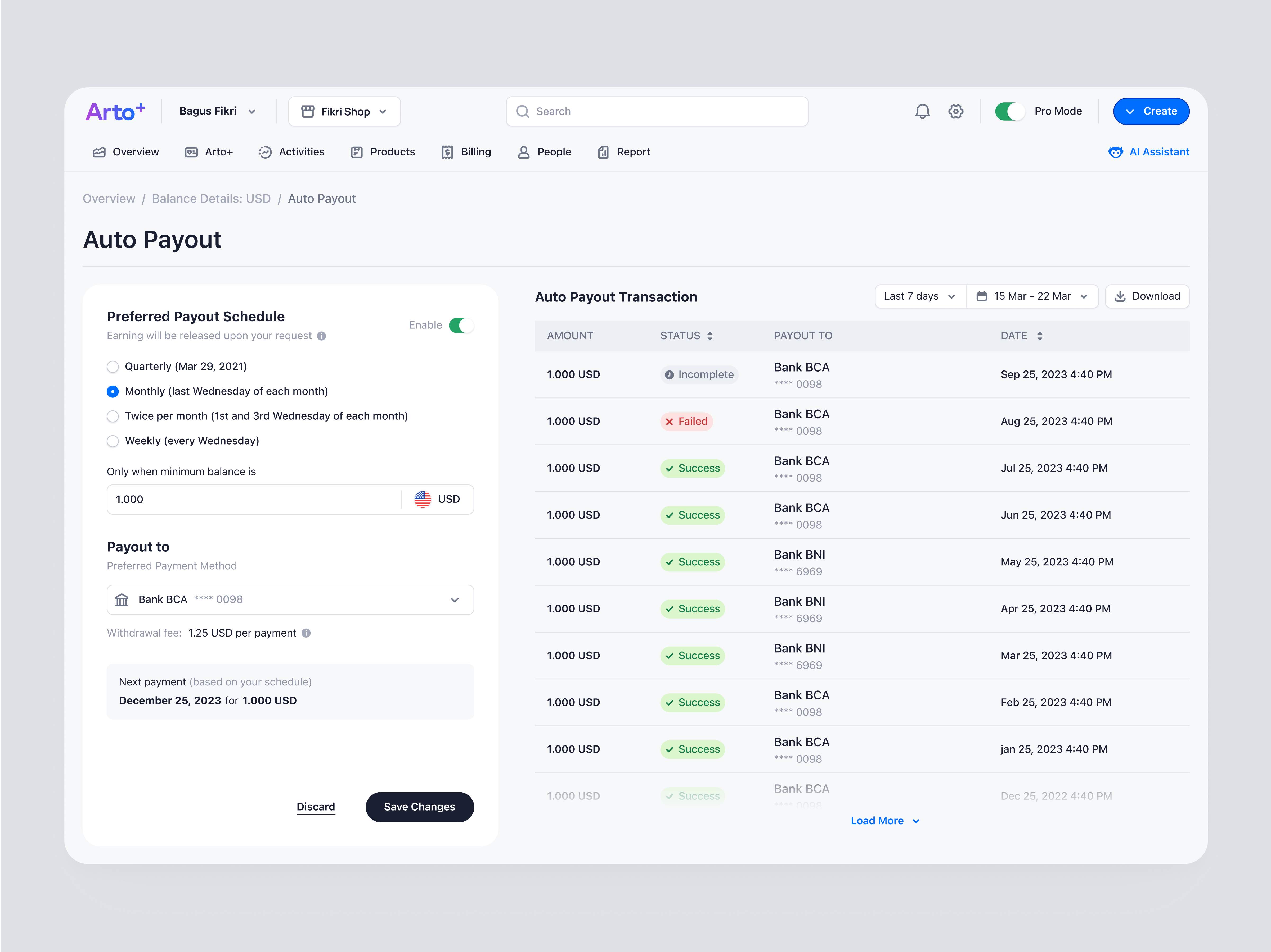 Arto Plus - Balance Details - Auto Payout auto payout balance details design financial management payment pro mode product design saas ui ux web design