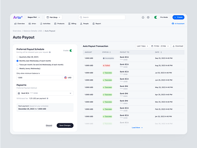 Arto Plus - Balance Details - Auto Payout auto payout balance details design financial management payment pro mode product design saas ui ux web design