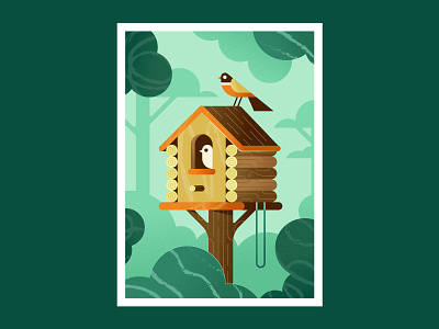 Birdhouse art print birdhouse birds cabin ecology forest green hut landscape leaves leo alexandre nature ornithology peaceful perch pines trees vector illustration wild wood